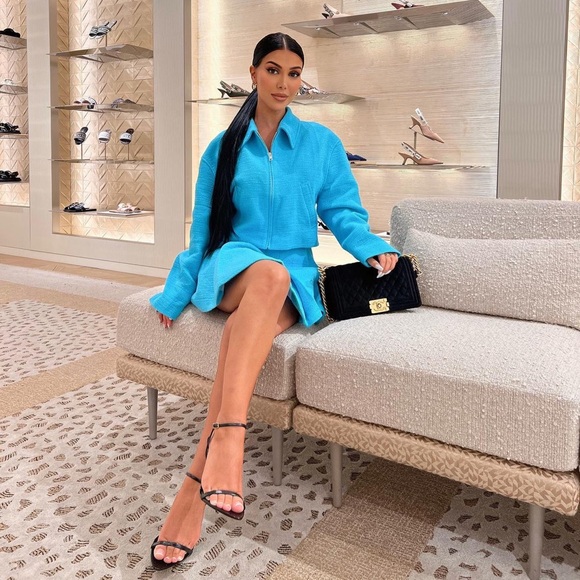 Zara Set - Sky Blue Crop Textured Bomber & Mini Skirt - Picture 8 of 17